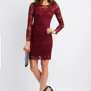 Ambiance Burgundy Fitted Lace Long Sleeve Dress Size Small